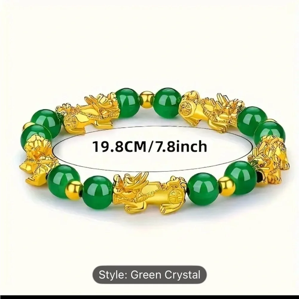 8mm Green Beaded Pixiu Bracelet Gold Tone Feng Shui Wealth Charm Stretch